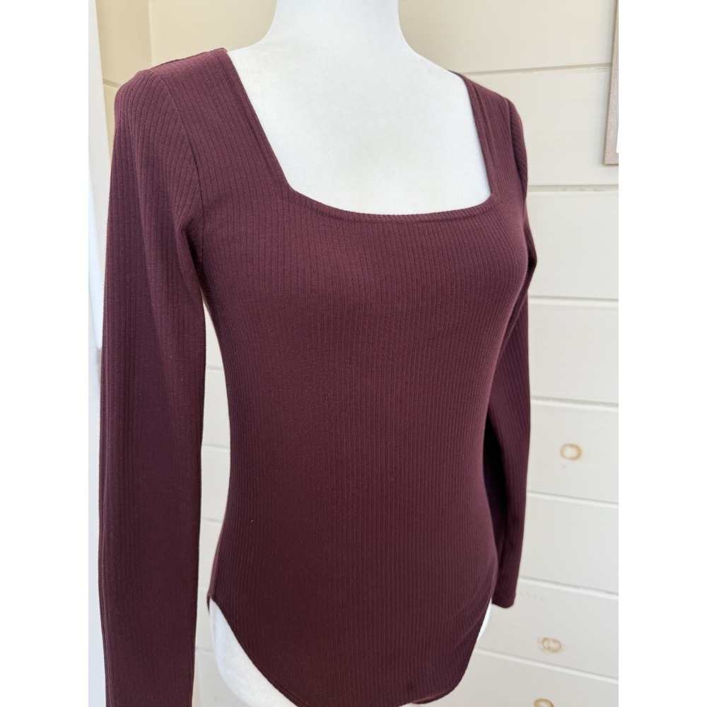 Old Navy Bodysuit Ribbed Square Neck Burgundy Long Sleeve Cotton Blend Medium M